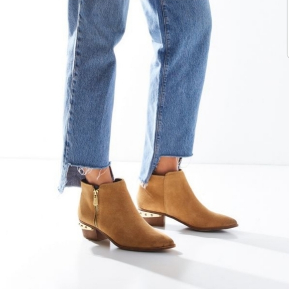 Leather low heel  booties with gold spikes on heel - Picture 8 of 8